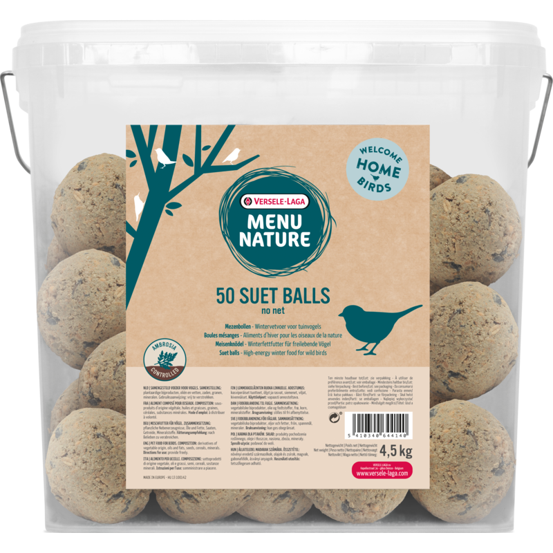 Menu Nature 50 suet balls NO net 4,5kg - Boule mésanges - aliment d'hiver gras (sans filet, sans plastique, dans seau)