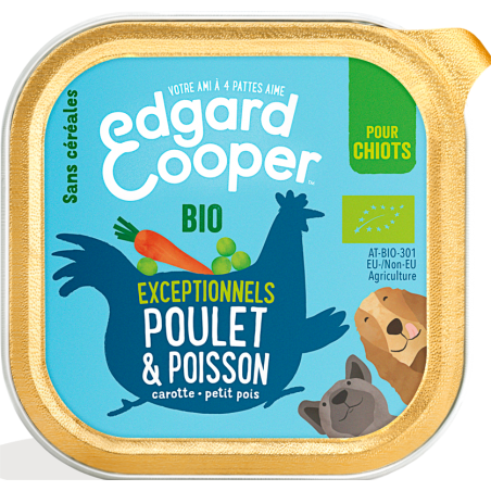 Barquette Puppy Poulet & Poisson bio 100gr - Edgard & Cooper à 1,90 € - Edgard & Cooper - 9485478 - Edgard & Cooper