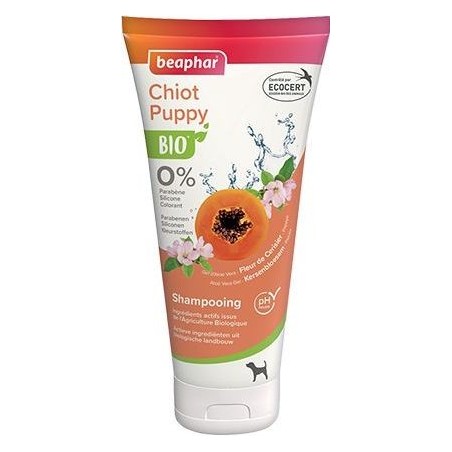 Shampoing Bio pour chiot Contient de l'Aloe Vera bio, des extraits de fleurs de Cerisier bio et de Papaye bio 200ml - Beaphar...