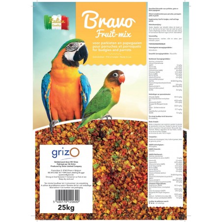 Bravo Fruit-Mix Grossier pour perruches et perroquets en sac 25kg - Bird-X à 123,90 € - Grizo - 102030250 - Patée