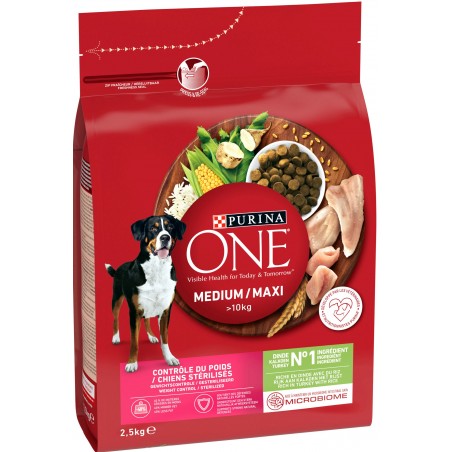 Medium/Maxi +10kg Contrôle du Poids - Riche en dinde avec du riz 2,5kg - One à 14,75 € - Purina - 12370130 - One