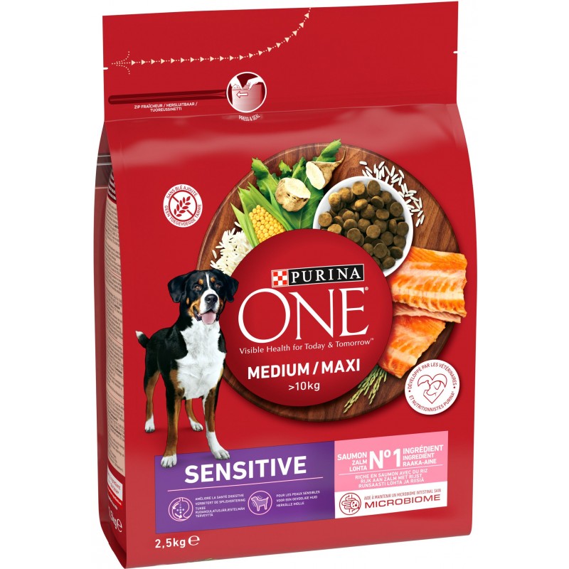 Medium/Maxi +10kg Sensitive - Riche en saumon avec du riz 2,5kg - One